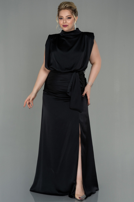 Robe Grande Taille Longue Satin Noir ABU2969