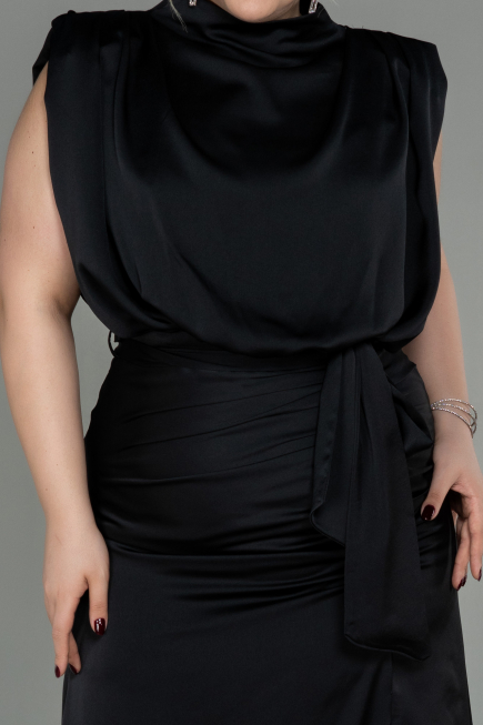 Robe Grande Taille Longue Satin Noir ABU2969