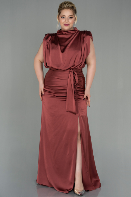 Robe Grande Taille Longue Satin Marron Clair ABU2969
