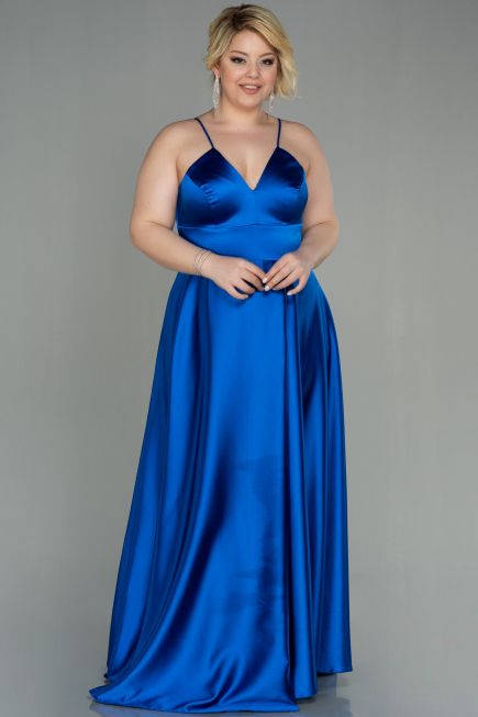 Robe de Soirée Grande Taille Longue Satin Bleu Saxe ABU3020
