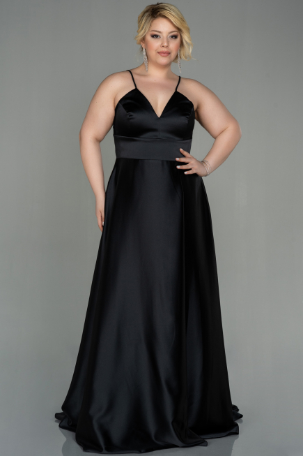 Robe de Soirée Grande Taille Longue Satin Noir ABU3020