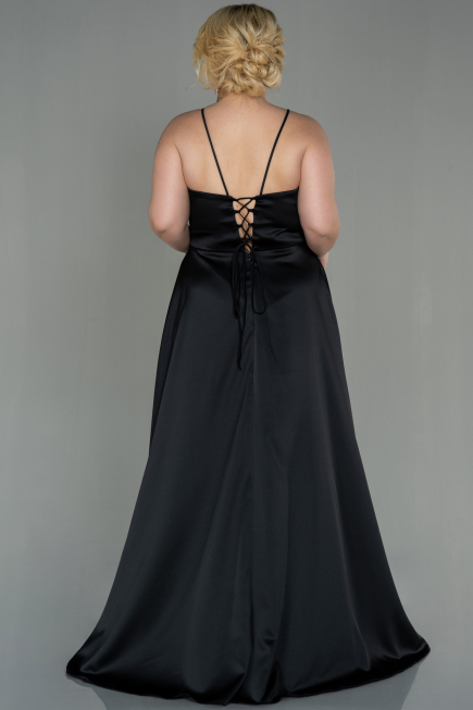 Robe de Soirée Grande Taille Longue Satin Noir ABU3020