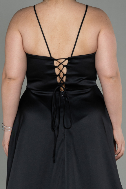 Robe de Soirée Grande Taille Longue Satin Noir ABU3020