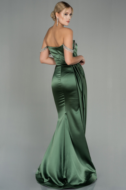 Robe De Soirée Satin Longue Vert Huile ABU2618