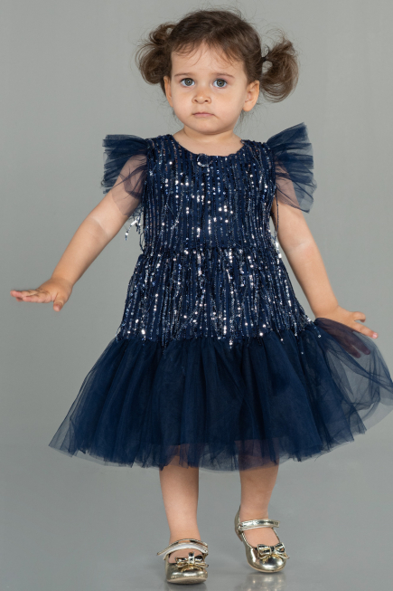Robe de Soirée Enfants Midi Squameuse Bleu Marine ABK1718