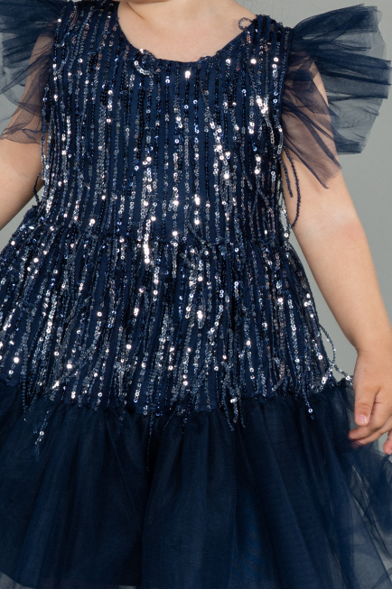 Robe de Soirée Enfants Midi Squameuse Bleu Marine ABK1718