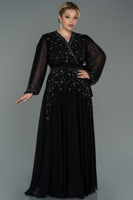 Robe de Soirée Grande Taille Longue Mousseline Noir ABU3075