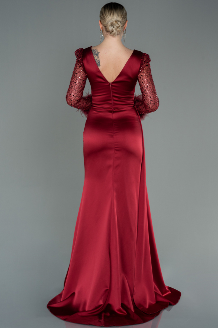 Robe de Soirée Longue Satin Rouge Bordeaux ABU3080