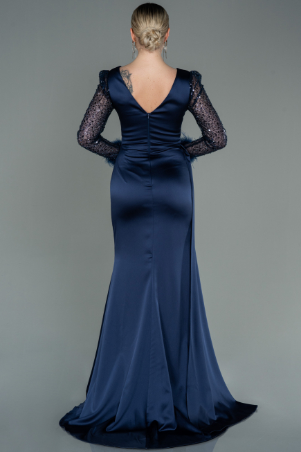 Robe de Soirée Longue Satin Bleu Marine ABU3080