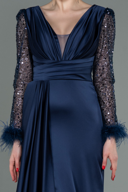 Robe de Soirée Longue Satin Bleu Marine ABU3080