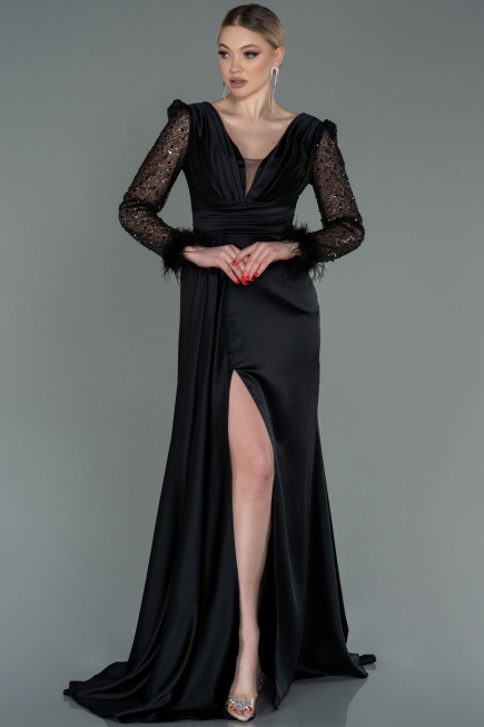 Robe de Soirée Longue Satin Noir ABU3080