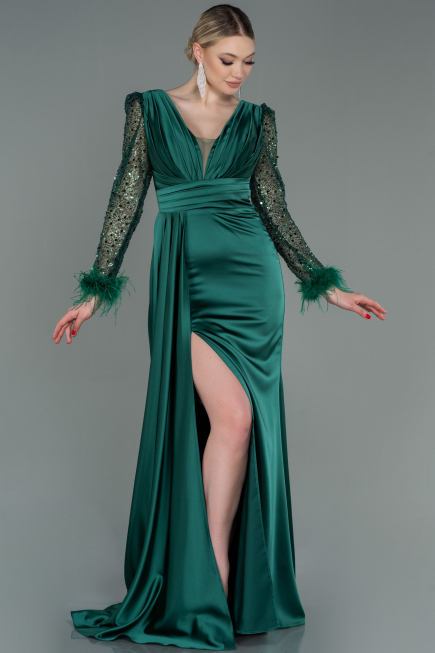 Robe de Soirée Longue Satin Émeraude ABU3080