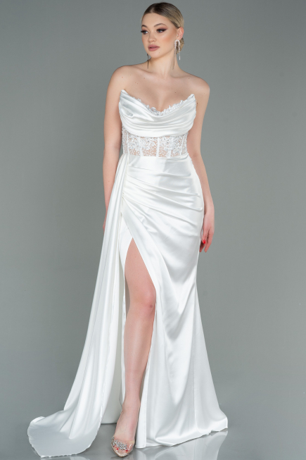 Robe De Soirée Satin Longue Blanc ABU2127