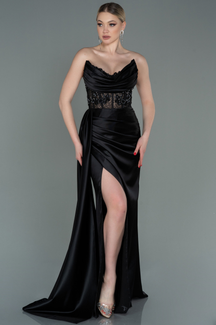 Robe de Soirée Longue Satin Noir ABU2127