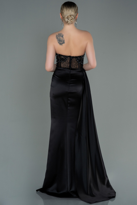 Robe de Soirée Longue Satin Noir ABU2127