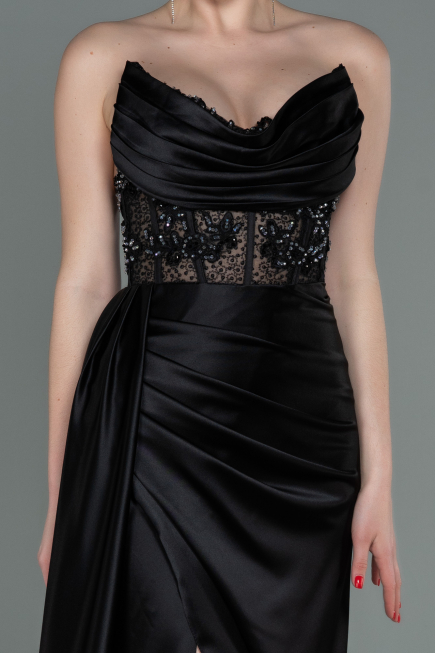 Robe de Soirée Longue Satin Noir ABU2127