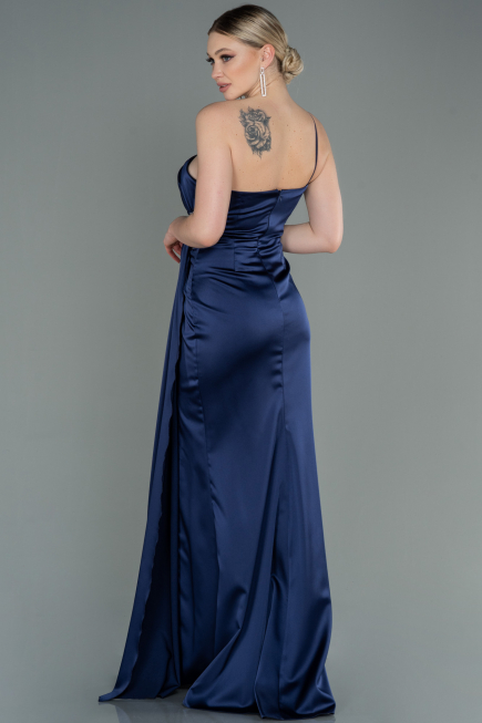 Robe de Fiançaille Longue Satin Bleu Marine ABU3088