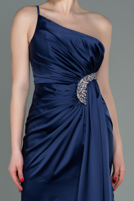 Robe de Fiançaille Longue Satin Bleu Marine ABU3088
