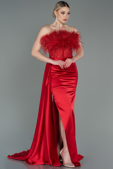 Robe de Soirée Longue Satin Rouge ABU3091