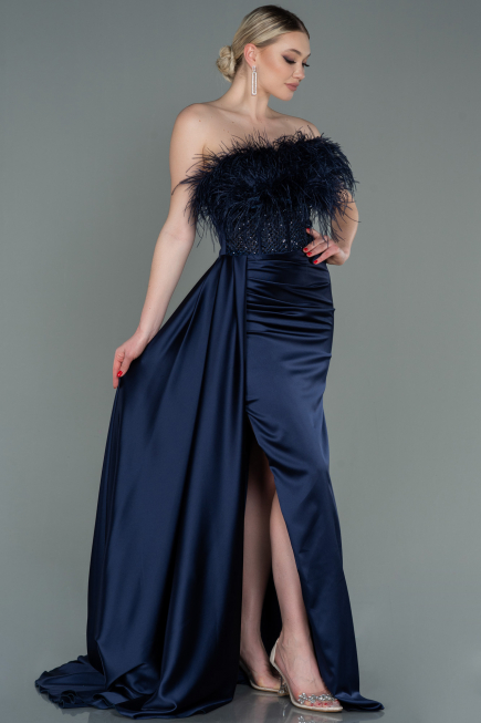 Robe de Soirée Longue Satin Bleu Marine ABU3091