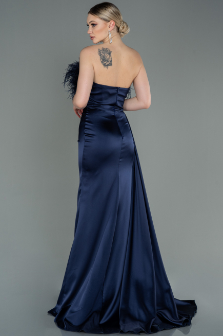 Robe de Soirée Longue Satin Bleu Marine ABU3091