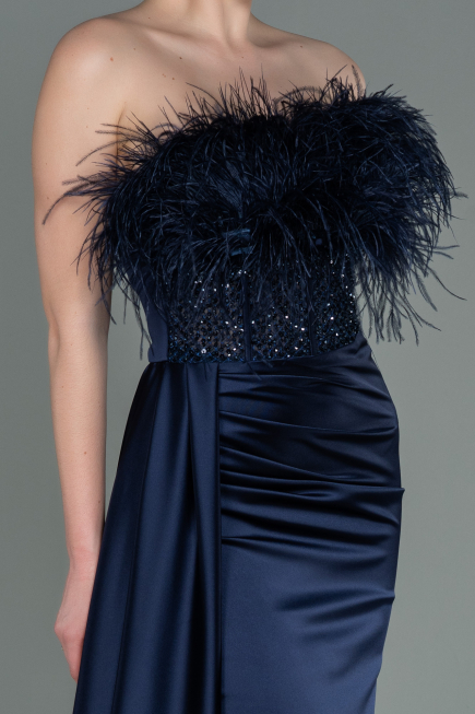 Robe de Soirée Longue Satin Bleu Marine ABU3091