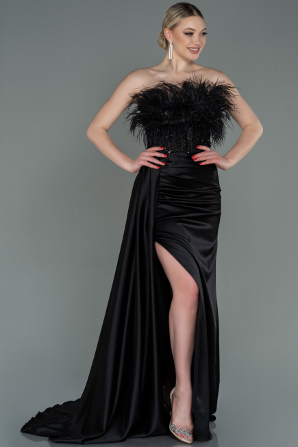 Robe de Soirée Longue Satin Noir ABU3091