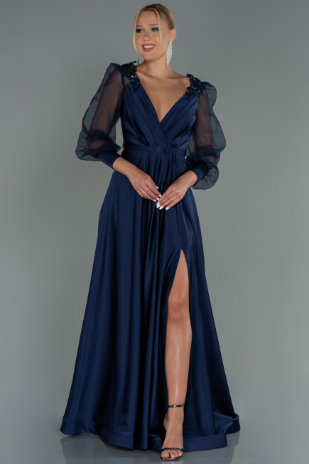 Robe De Soirée Satin Longue Bleu Marine ABU2830