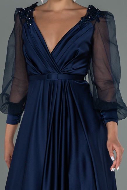 Robe De Soirée Satin Longue Bleu Marine ABU2830