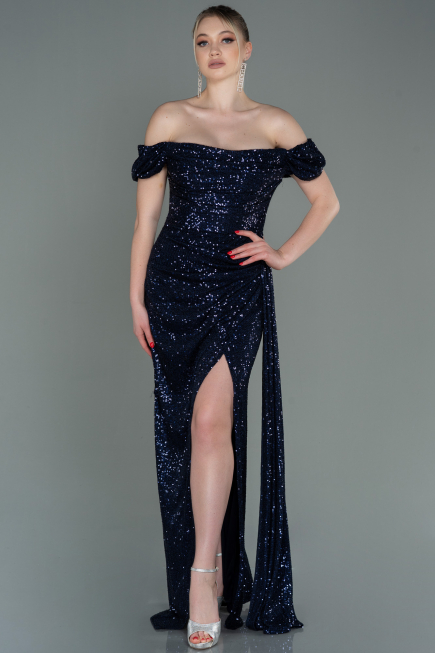 Robe de Soirée Longue Squameuse Bleu Marine ABU2987