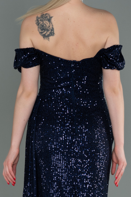 Robe de Soirée Longue Squameuse Bleu Marine ABU2987