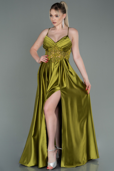 Robe De Soirée Satin Longue Pistache vert ABU2583