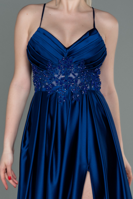 Robe De Soirée Satin Longue Bleu Saxe ABU2583