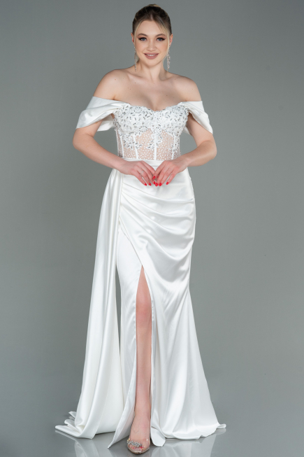 Robe De Soirée Satin Longue Blanc ABU2087