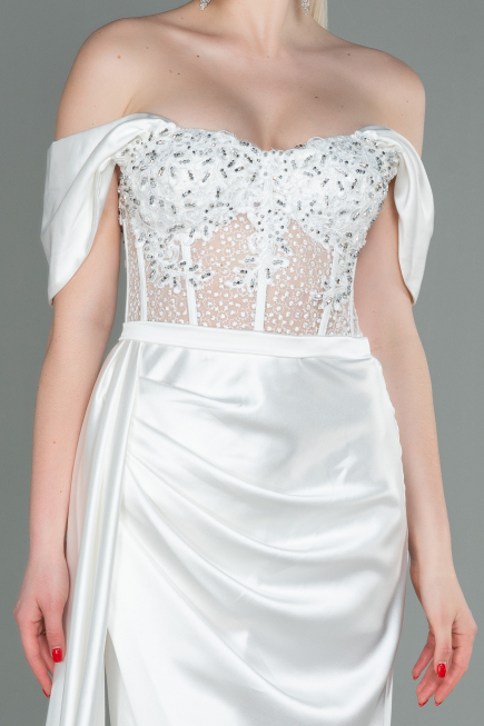 Robe De Soirée Satin Longue Blanc ABU2087