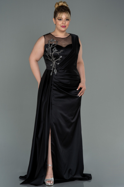 Robe Grande Taille Longue Satin Noir ABU3125