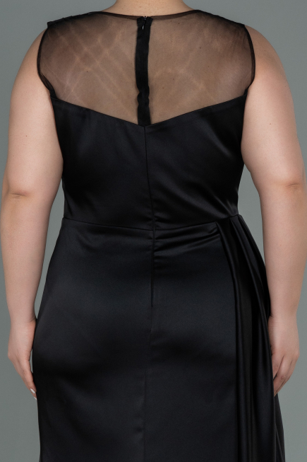 Robe Grande Taille Longue Satin Noir ABU3125