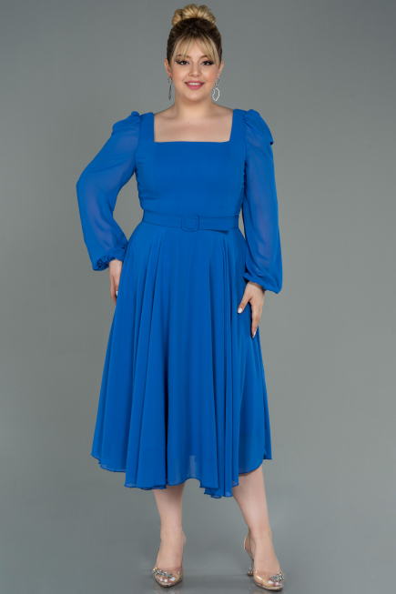 Robe Grande Taille Midi Mousseline Bleu Saxe ABK1753