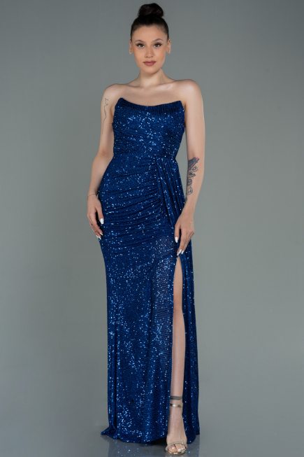 Robe de Soirée Longue Squameuse Bleu Saxe ABU3134