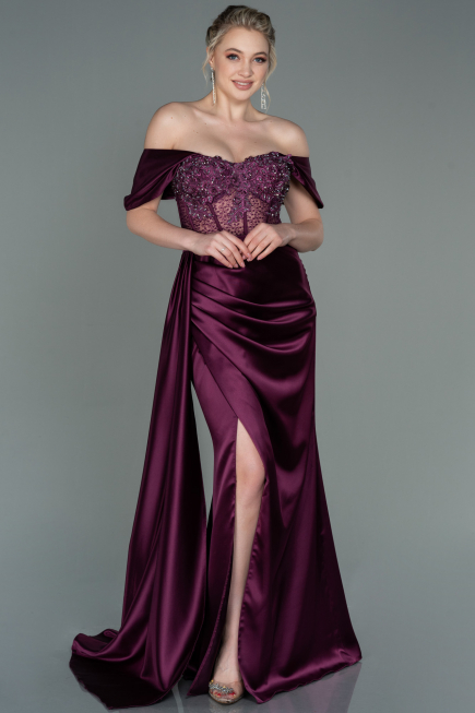 Robe De Soirée Satin Longue Couleur Cerise ABU2087