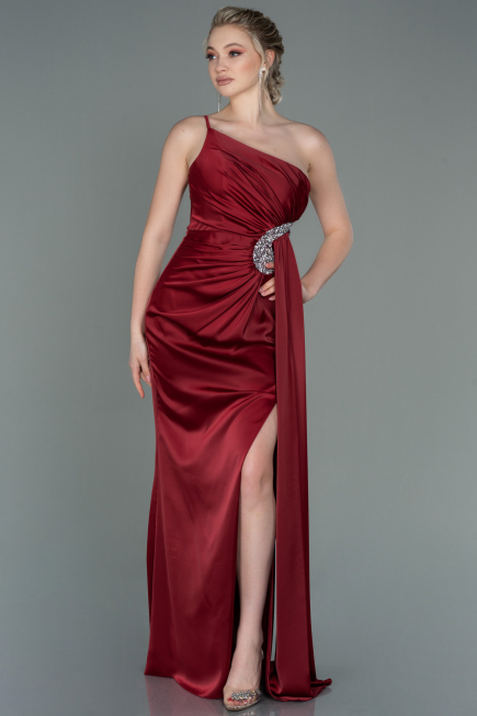 Robe De Fiançaille Satin Longue Rouge Bordeaux ABU3088