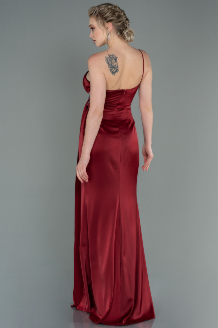 Robe De Fiançaille Satin Longue Rouge Bordeaux ABU3088