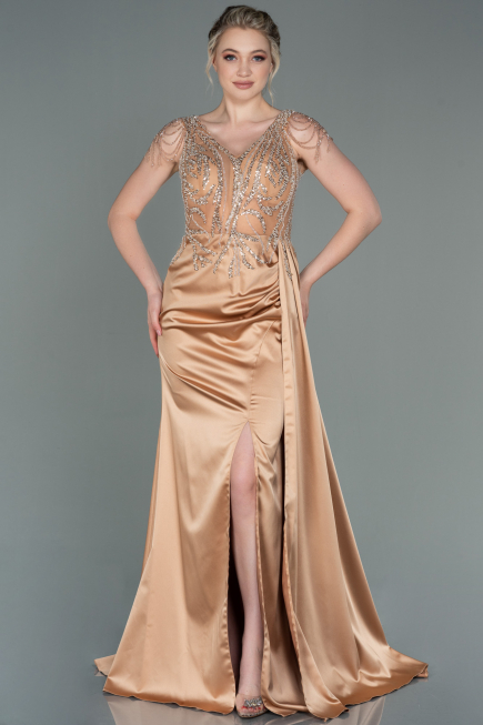 Robe de Soirée Longue Satin Or ABU3161