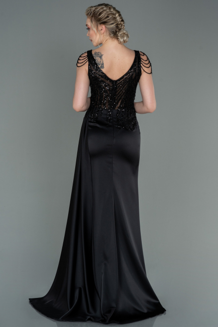 Robe de Soirée Longue Satin Noir ABU3161