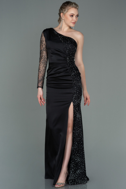 Robe de Soirée Longue Satin Noir ABU3162