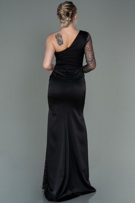 Robe de Soirée Longue Satin Noir ABU3162