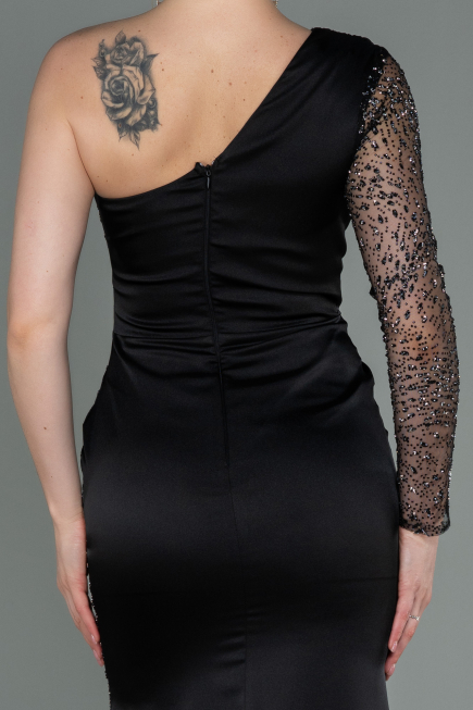 Robe de Soirée Longue Satin Noir ABU3162