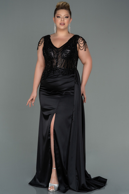 Robe de Soirée Grande Taille Longue Satin Noir ABU3169