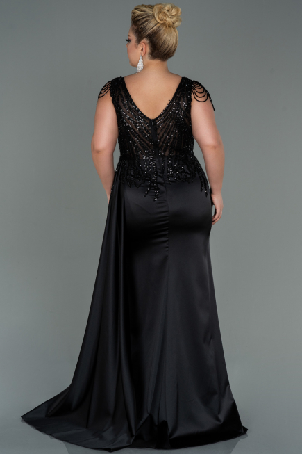 Robe de Soirée Grande Taille Longue Satin Noir ABU3169