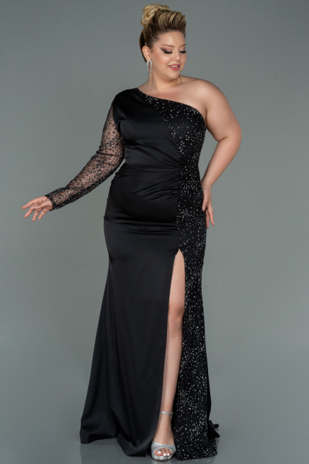Robe Grande Taille Longue Satin Noir ABU3170
